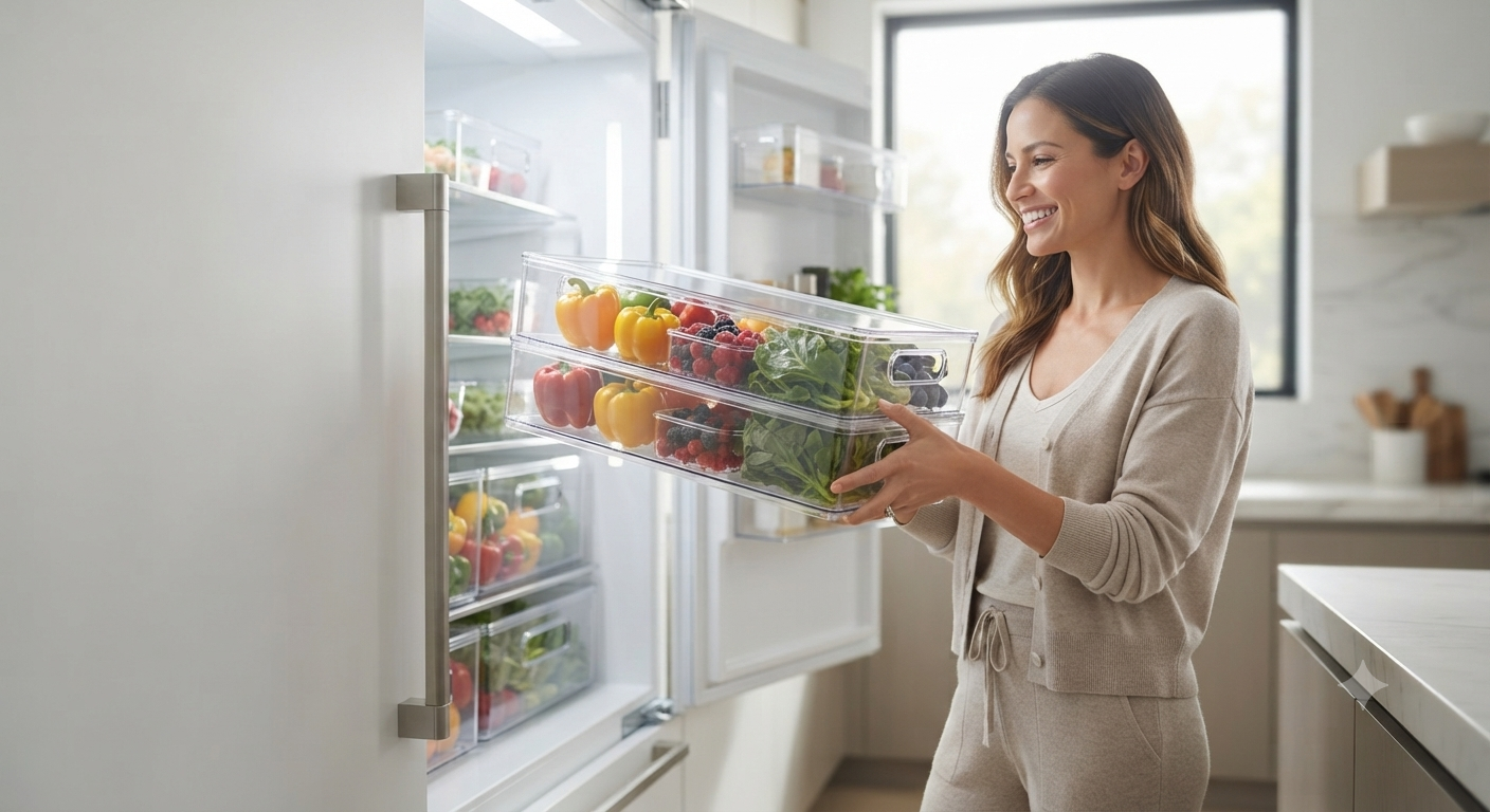 Clear stackable fridge organizers being used to store fresh produce in a modern kitchen refrigerator.