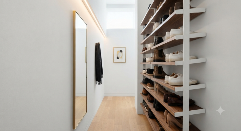 A narrow, modern entryway featuring a vertical floor-to-ceiling shoe rack with white supports and light wood shelves, and a large brass-framed mirror.