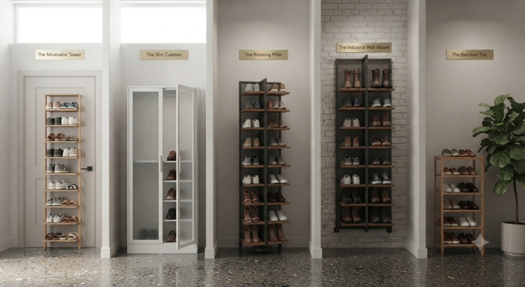 An architectural showroom display featuring five distinct vertical shoe storage solutions, each in its own alcove with a nameplate: The Minimalist Tower, The Slim Cabinet, The Rotating Pillar, The Industrial Wall-Mount, and The Bamboo Tier.