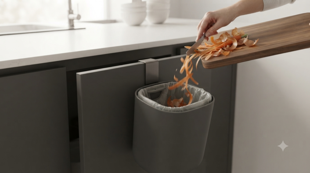Close-up, hyper-realistic kitchen scene showing efficient food prep. A charcoal-grey polymer compost bin is hanging on a dark-grey cabinet door directly below a walnut cutting board. A clean hand is actively sweeping fresh carrot peelings from the board into the open bin, demonstrating a hands-free, ergonomic workflow for waste disposal.