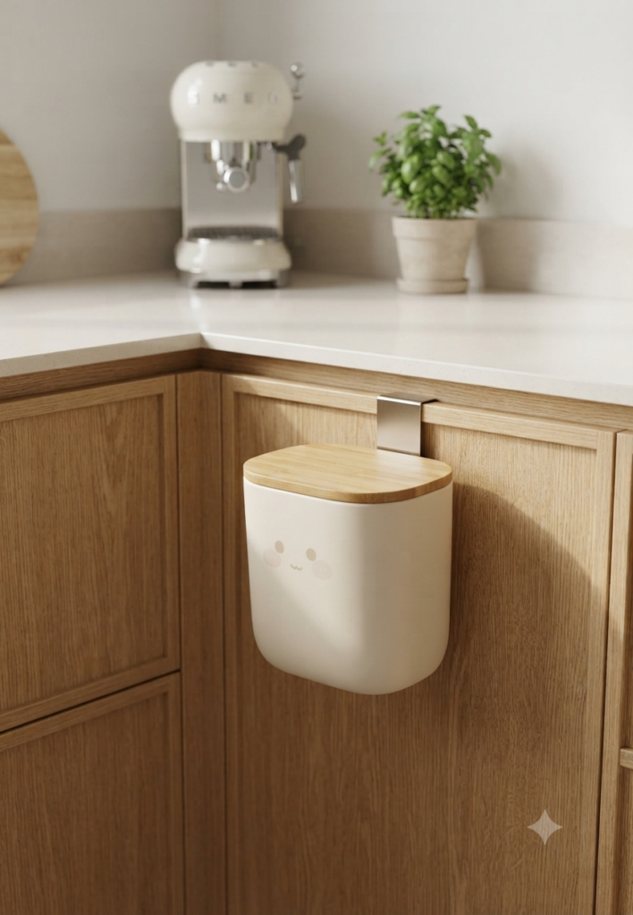 Ultra-realistic photo of a warm, organized, minimalist kitchen featuring a light-oak wood cabinet door. Hanging securely on the outside of this door is the premium cream ceramic compost bin, complete with its delightful, subtle cartoon face and snug bamboo lid. The kitchen counter in the background is perfectly clear, holding a small potted basil plant, emphasizing joyful and space-efficient design.