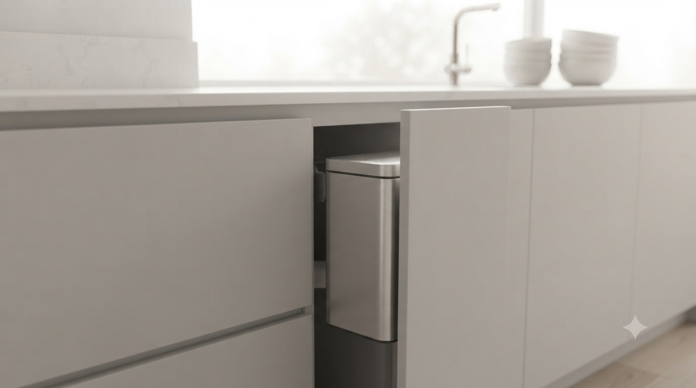 A professional architectural photograph of a high-end, minimalist kitchen corner. A bright, pristine quartz countertop is shown completely free of clutter, emphasizing small space living. In the foreground, a sleek, handleless cabinet door is slightly ajar, revealing the compact compost bin mounted discreetly on the inside, demonstrating a hidden waste solution.