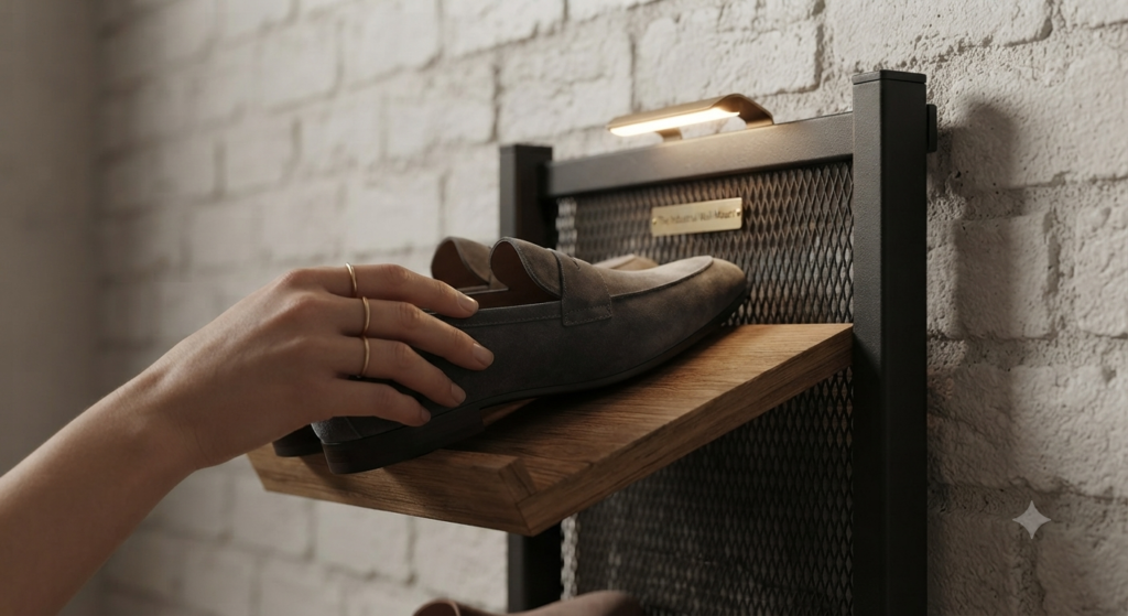 A detailed close-up shot of a hand placing a grey suede loafer onto the raw-teak shelf of an industrial-style wall-mounted shoe rack, which is made of blackened steel mesh.